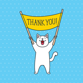 Vector illustration of cute white cat holding a banner THANK YOU!